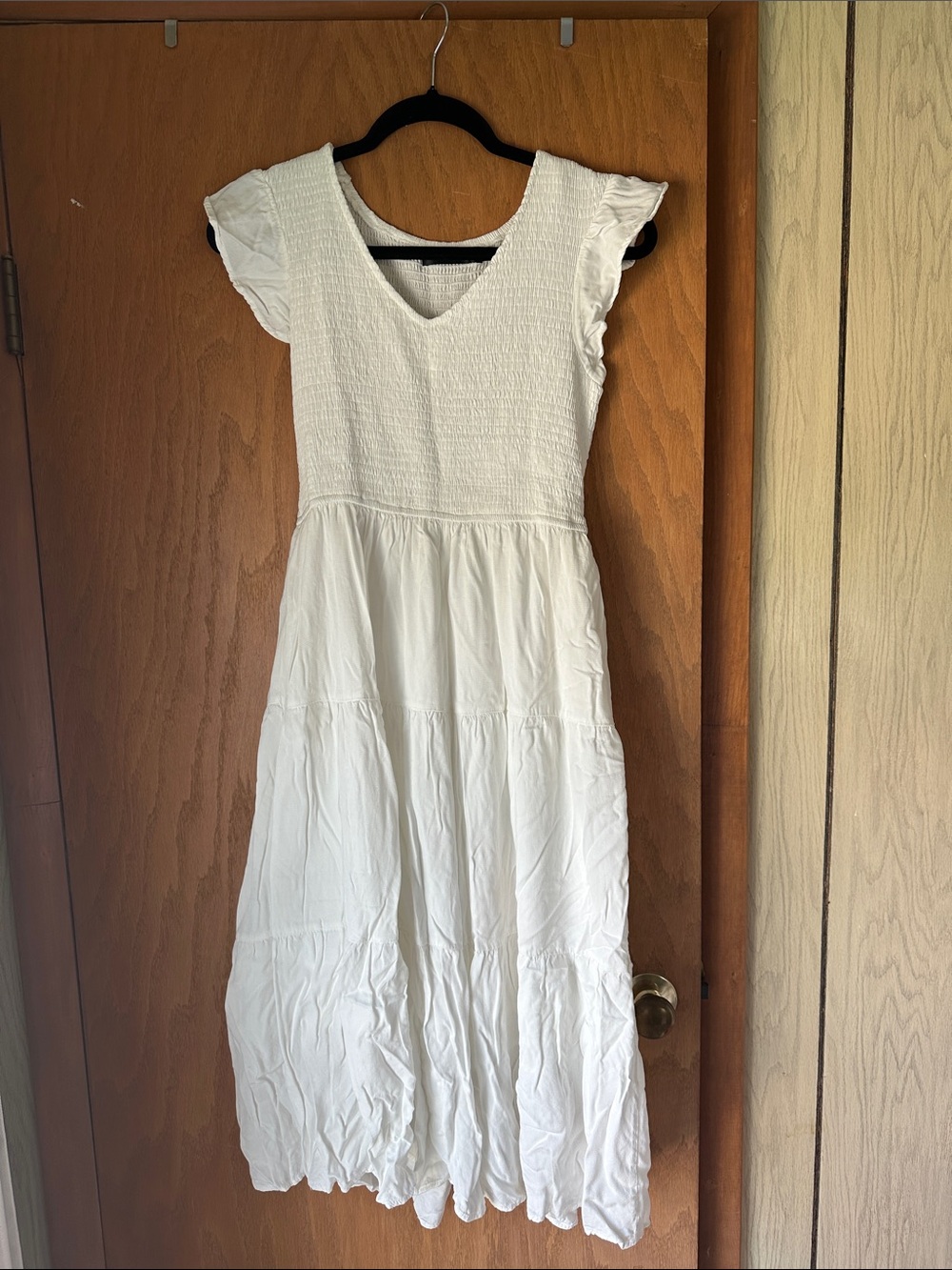 White Smocked V-Neck Maxi Dress with Flutter Cap Sleeves